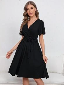 Surplice Neck Butterfly Sleeve Belted Dress - Black - View 5