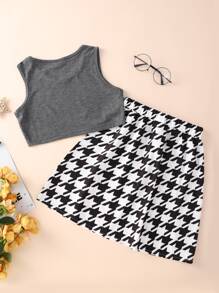 Girls Heart Print Tank Top & Houndstooth Skirt - Multicolor - View 2