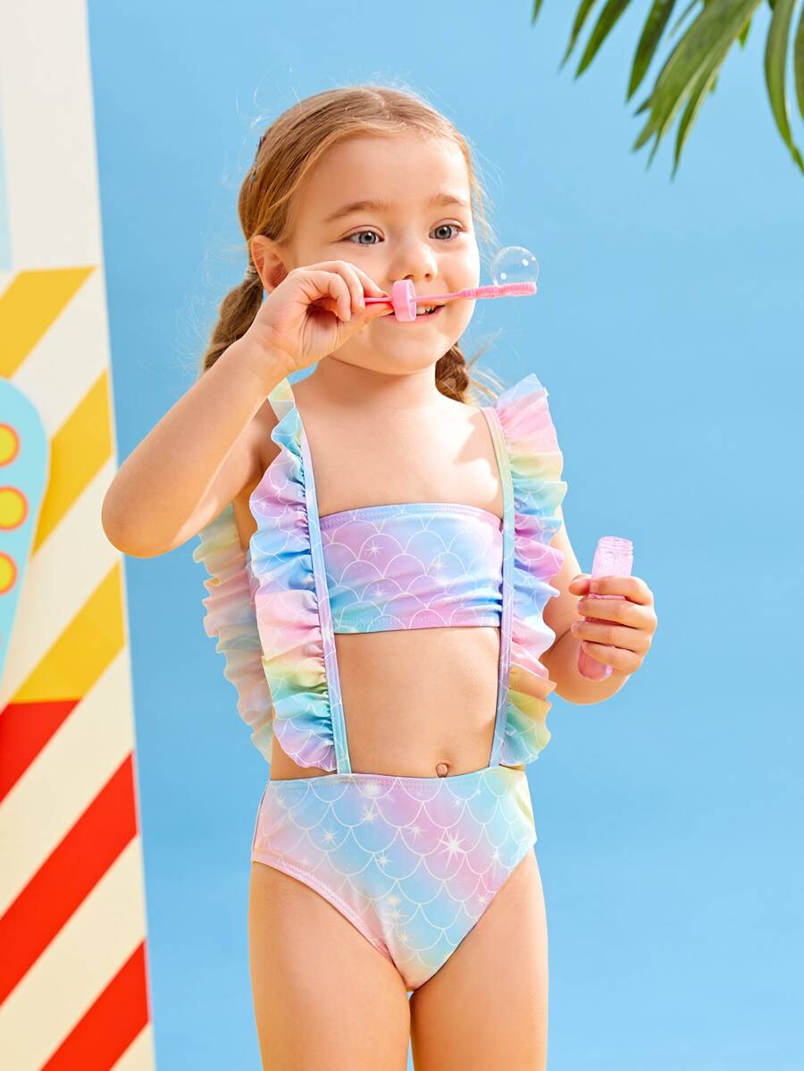年轻女孩扎染鱼鳞印花吊带比基尼套装夏季海滩 - 彩色 - 查看 1