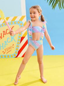 年轻女孩扎染鱼鳞印花吊带比基尼套装夏季海滩 - 彩色 - 查看 4