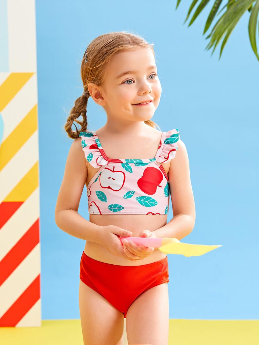 Young Girl Apple Print Ruffle Trim Bikini Set Summer Beach - Multicolor - View 1