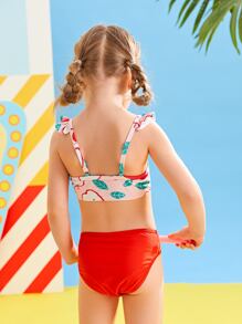 Young Girl Apple Print Ruffle Trim Bikini Set Summer Beach - Multicolor - View 2