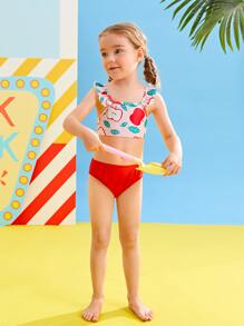 Young Girl Apple Print Ruffle Trim Bikini Set Summer Beach - Multicolor - View 3