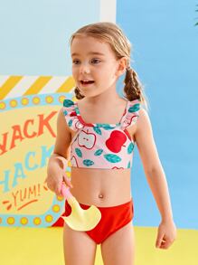 Young Girl Apple Print Ruffle Trim Bikini Set Summer Beach - Multicolor - View 4
