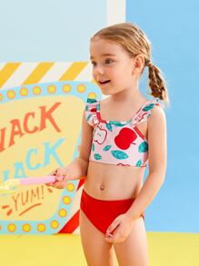 Young Girl Apple Print Ruffle Trim Bikini Set Summer Beach - Multicolor - View 6