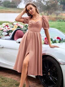 SHEIN VCAY 褶邊假鈕扣泡泡袖雞心領口高衩緞面連衣裙 - 珊瑚粉 - 查看 3