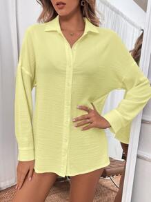 SHEIN Holidaya Camisa unicolor de hombros caídos - Amarillo - Ver 4