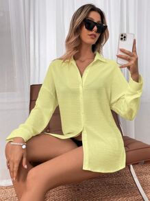SHEIN Holidaya Camisa unicolor de hombros caídos - Amarillo - Ver 6