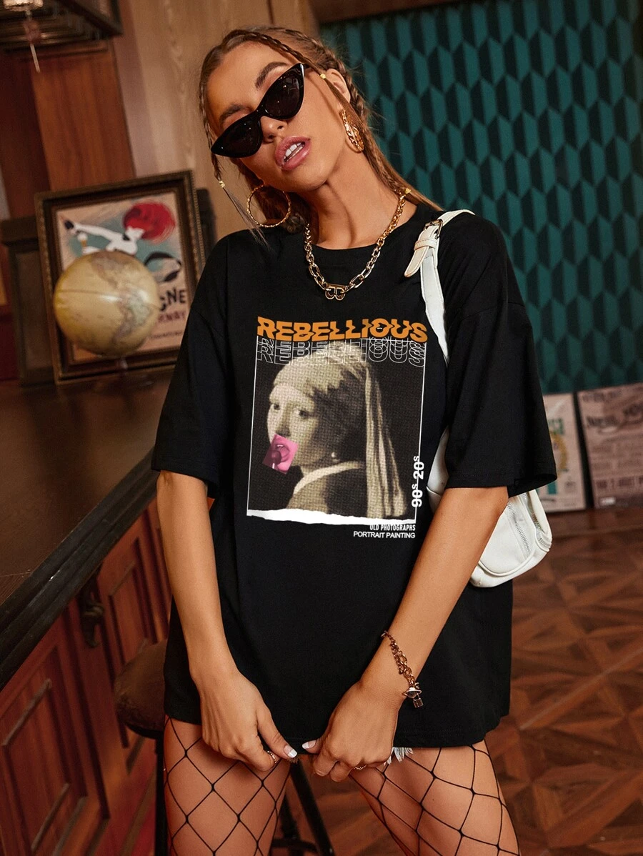 SHEIN EZwear Áo thun nữ Con số Lá thư Giải trí - màu đen - Xem 1