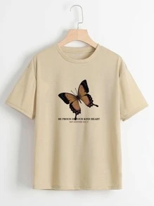 INAWLY Áo thun nữ Slogan Loại bướm Giải trí - Màu be - Xem 1