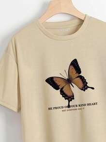 INAWLY Áo thun nữ Slogan Loại bướm Giải trí - Màu be - Xem 3