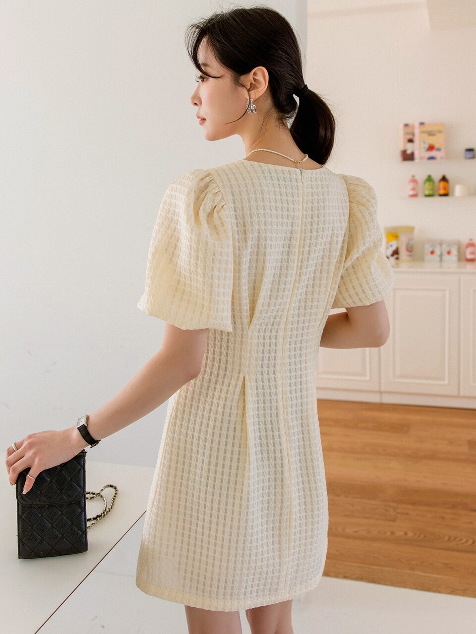 Textured Fake Button Front Lantern Sleeve Dress