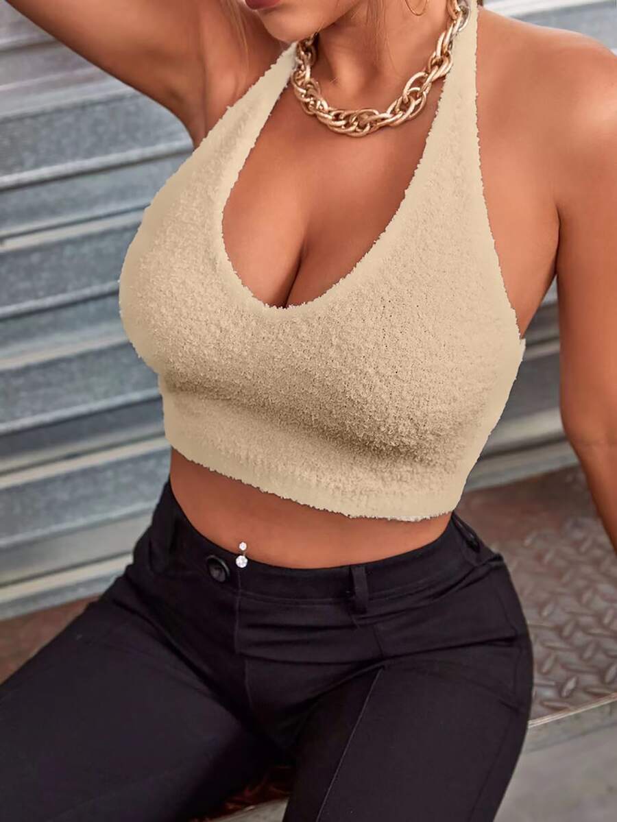SHEIN SXY Fluffy Knit Backless Halter Knit Top - Khaki - View 1