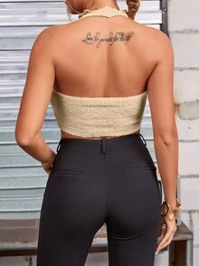 SHEIN SXY Fluffy Knit Backless Halter Knit Top - Khaki - View 2