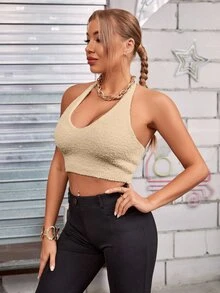 SHEIN SXY Fluffy Knit Backless Halter Knit Top - Khaki - View 3