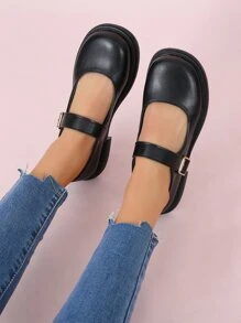 Buckle Decor Mary Jane Flats,Women's Metal Buckle Decoration Mary Jane Flat Shoes, Elegant and Fashionable, Suitable for Outdoor - Black - View 1