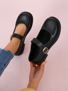 Buckle Decor Mary Jane Flats,Women's Metal Buckle Decoration Mary Jane Flat Shoes, Elegant and Fashionable, Suitable for Outdoor - Black - View 3
