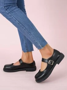 Buckle Decor Mary Jane Flats,Women's Metal Buckle Decoration Mary Jane Flat Shoes, Elegant and Fashionable, Suitable for Outdoor - Black - View 4