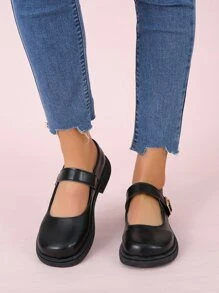 Buckle Decor Mary Jane Flats,Women's Metal Buckle Decoration Mary Jane Flat Shoes, Elegant and Fashionable, Suitable for Outdoor - Black - View 5