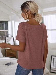 SHEIN LUNE Áo thun nữ màu trơn Giải trí - Bụi hồng - Xem 2