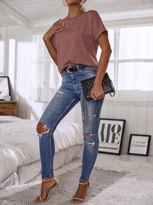 SHEIN LUNE Áo thun nữ màu trơn Giải trí - Bụi hồng - Xem 3