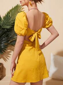 Soleia Square Neck Tie Backless Puff Sleeve Dress - Yellow - View 1