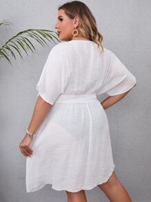 SHEIN Swim Curve Plus Plain Belted Cover Up - White - View 2