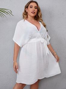 SHEIN Swim Curve Plus Plain Belted Cover Up - White - View 4