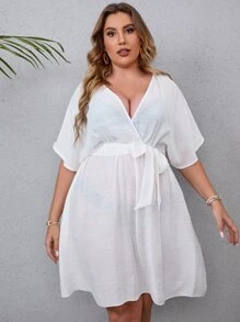SHEIN Swim Curve Plus Plain Belted Cover Up - White - View 6