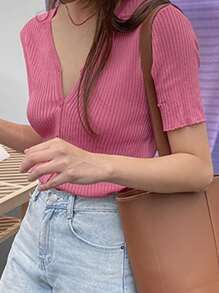 DAZY Solid V Neck Rib Knit Cardigan - Pink - View 2