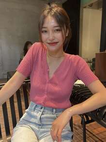 DAZY Solid V Neck Rib Knit Cardigan - Pink - View 3