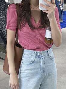 DAZY Solid V Neck Rib Knit Cardigan - Pink - View 4