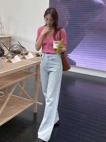 DAZY Solid V Neck Rib Knit Cardigan - Pink - View 6