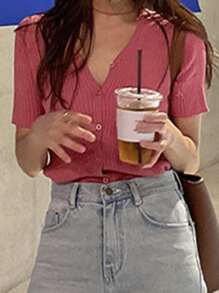 DAZY Solid V Neck Rib Knit Cardigan - Pink - View 7