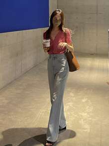 DAZY Solid V Neck Rib Knit Cardigan - Pink - View 8