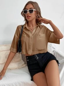 Chiquease Drop Shoulder Patch Pocket Shirt - Camel - View 6