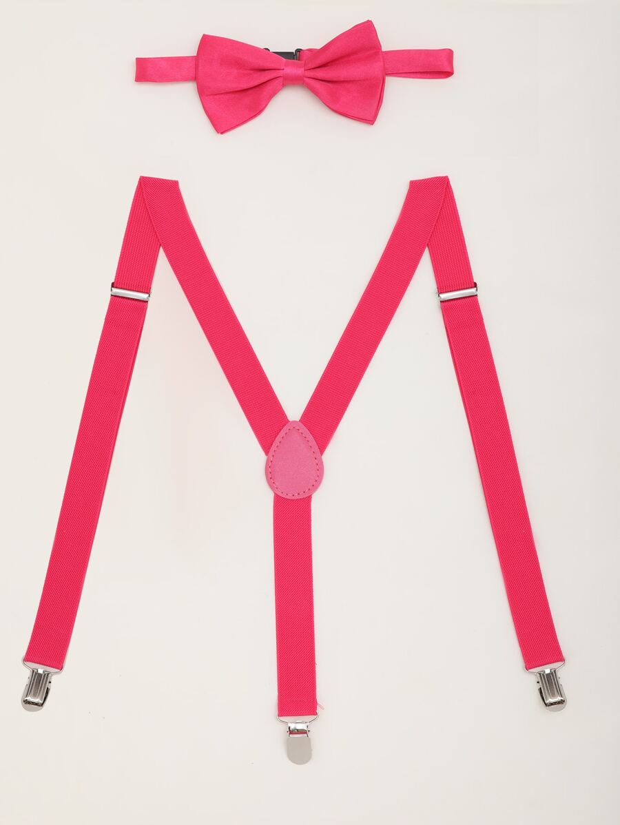 Men Solid Suspenders & Bow Tie - Hot Pink - View 1