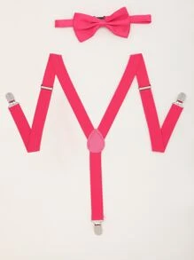 Men Solid Suspenders & Bow Tie - Hot Pink - View 2