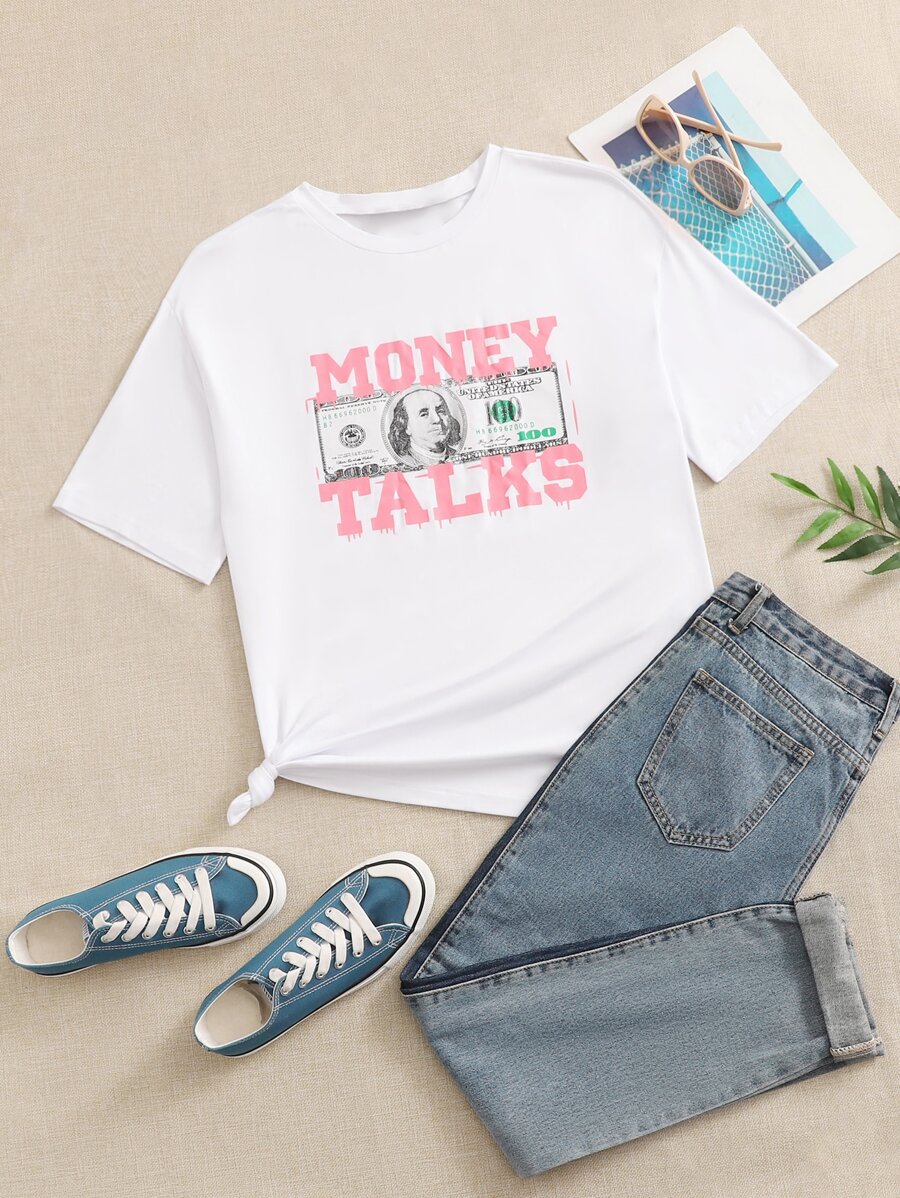 SHEIN EZwear 標語圖案超大號T恤 - 白色 - 查看 1