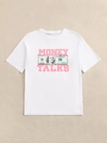 SHEIN EZwear 標語圖案超大號T恤 - 白色 - 查看 5