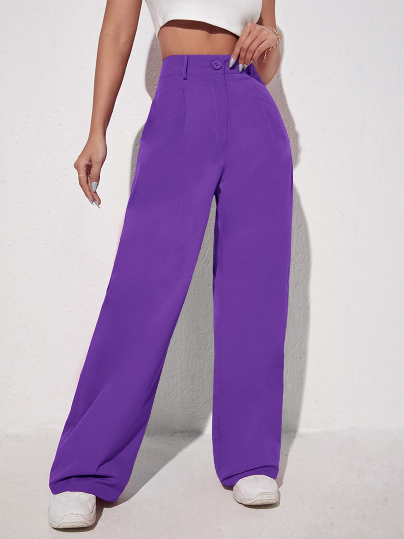 SHEIN EZwear Pantalones de pierna ancha unicolor - Morado Violeta - Ver 1