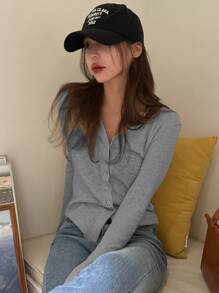 DAZY Solid Button Through Rib Knit Tee - Grey - View 8