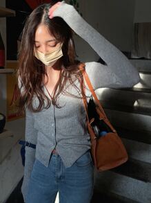 DAZY Solid Button Through Rib Knit Tee - Grey - View 2