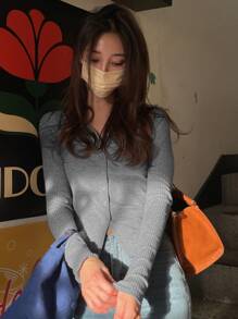 DAZY Solid Button Through Rib Knit Tee - Grey - View 7