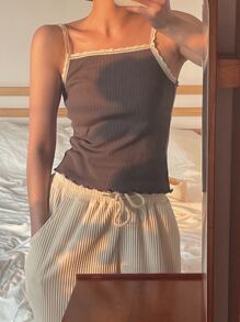DAZY Contrast Lace Rib Knit Cami Top Summer - Chocolate Brown - View 9
