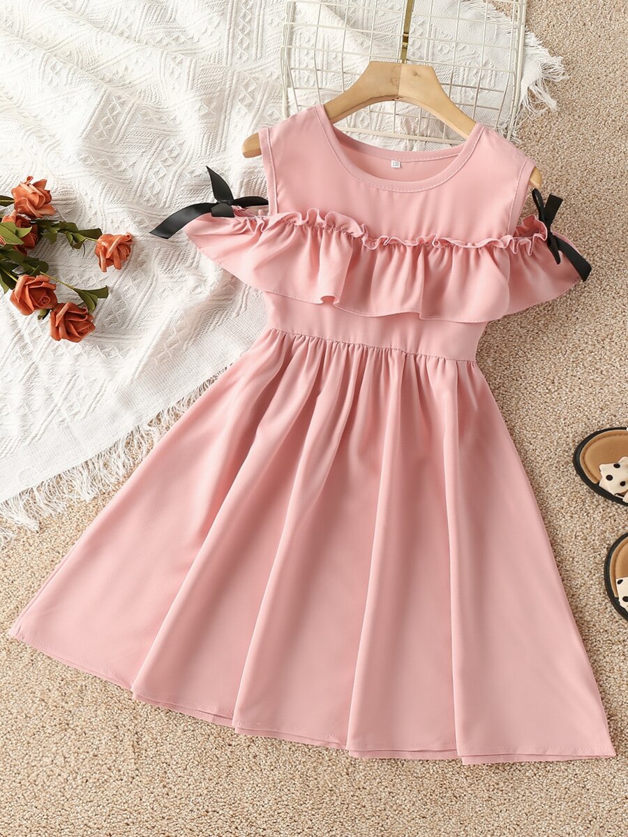 Niñas Vestido con lazo lateral de hombros descubiertos ribete con fruncido - Rosa Pálido - Ver 1
