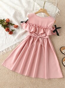 Niñas Vestido con lazo lateral de hombros descubiertos ribete con fruncido - Rosa Pálido - Ver 2