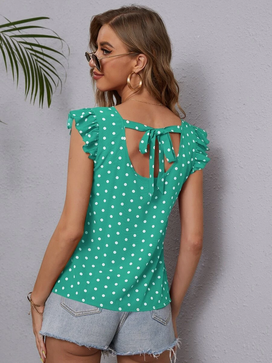 Áo sơ mi nữ Xù Buộc lại Chấm bi Boho - màu xanh lá - Xem 1