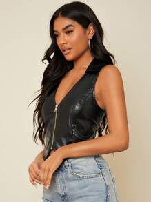 SHEIN BAE Zipper Front PU Leather Jacket - Black - View 4