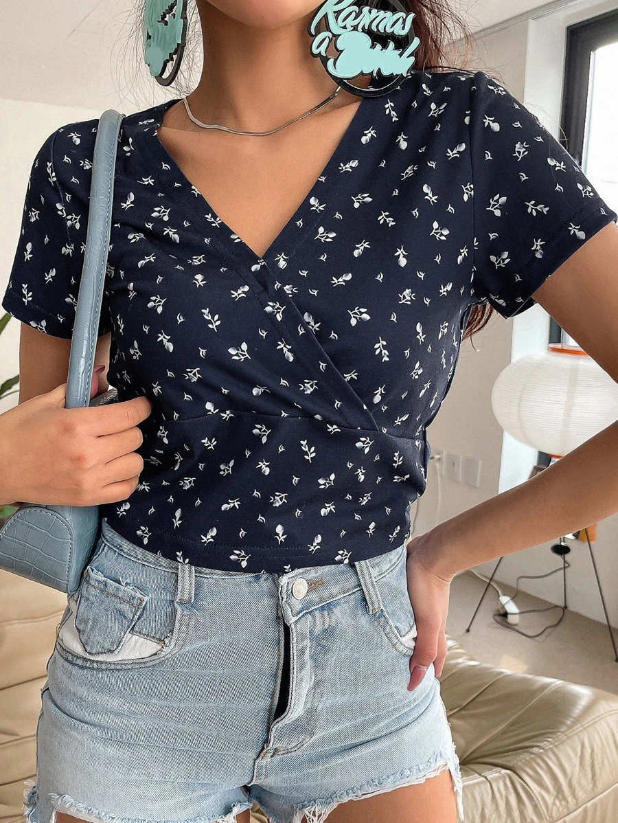 DAZY Ditsy Floral Print Surplice Neck Tee - Navy Blue - View 1